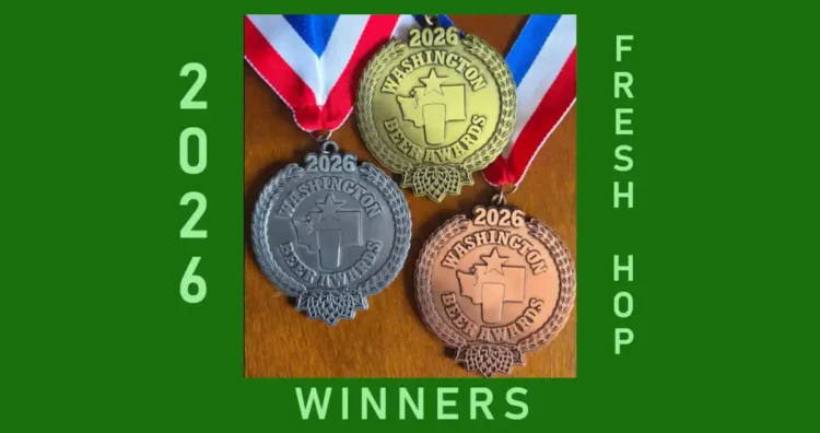 Announcing the 2026 Washington Beer Awards Fresh Hop Beer Winners Beer awards medals against a green background
