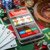 An online slot game on a mobile phone with cards and poker chips nearby.