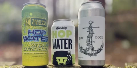 Three different kinds of hop water in cans.