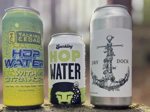 Three different kinds of hop water in cans.