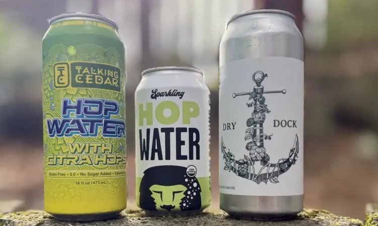 Three different kinds of hop water in cans.