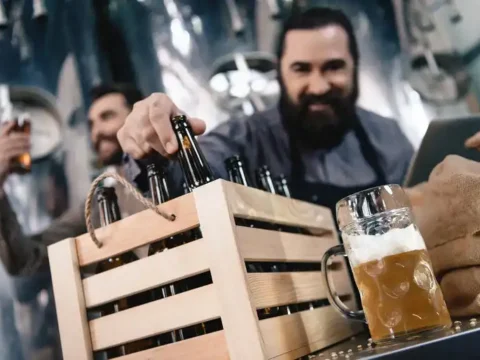 The New Taproom Downtime: What People Do While Waiting for the Next Pour Men selecting craft beer bottles in a brewery taproom with a freshly poured beer on the counter.